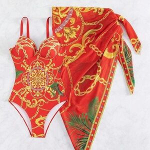 One Piece Swimsuit Women with Beach Cover Up Wrap Skirt Set, Bathing Suit